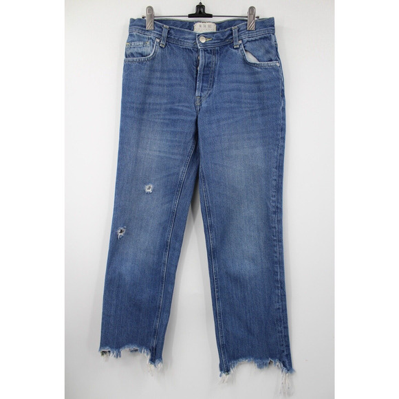 Free People Jeans Womens Medium Wash Blue Distressed Staright Frayed Hem Size 25 - Picture 1 of 13